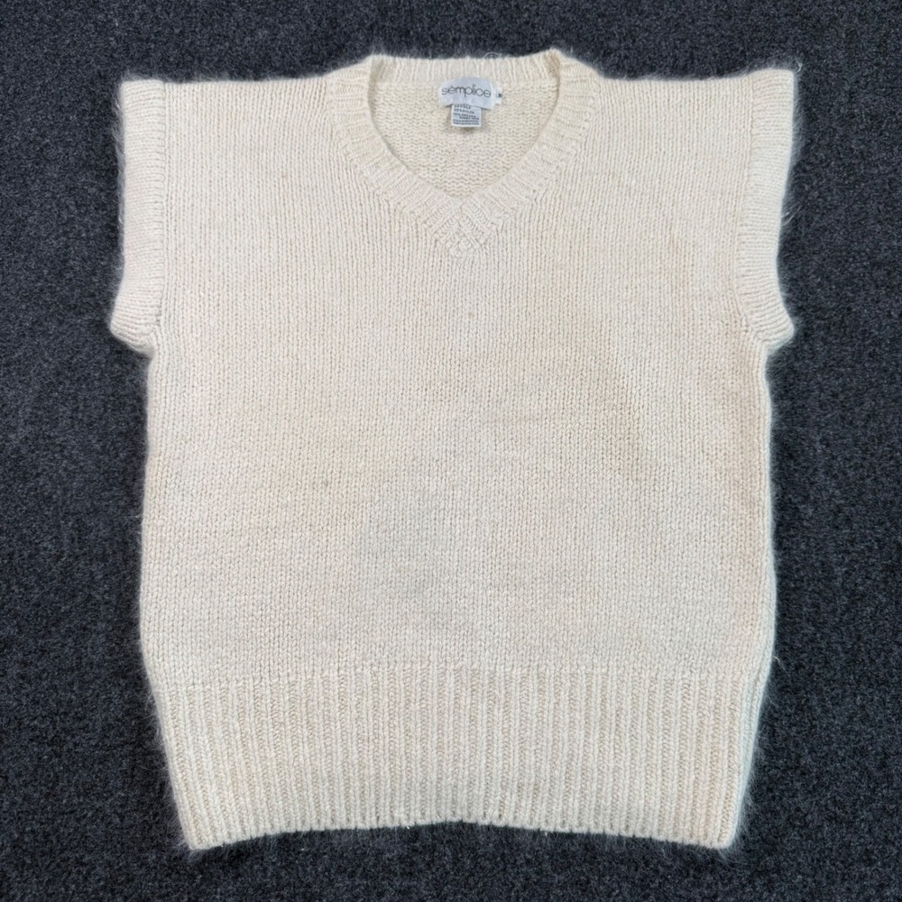 Semplice Vintage Silk Angora Wool Knit Sweater Vest V-Neck Ivory Cream Womens M
